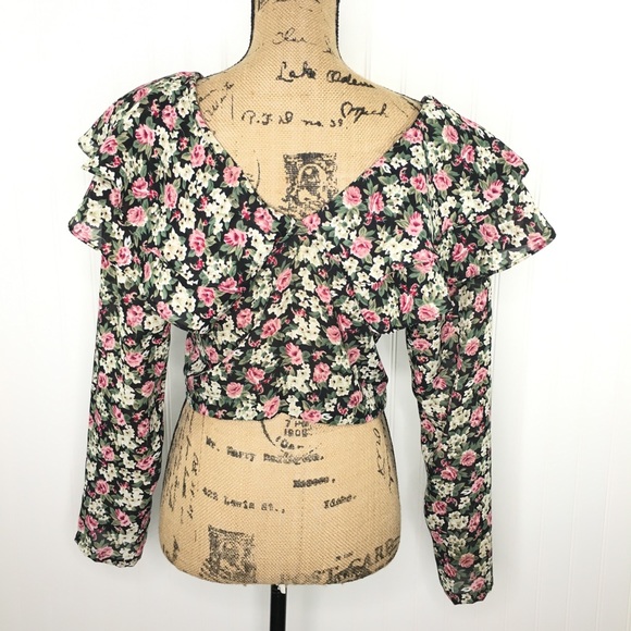 Floral Romantic Tiered Ruffle Cropped Blouse M - Picture 4 of 5